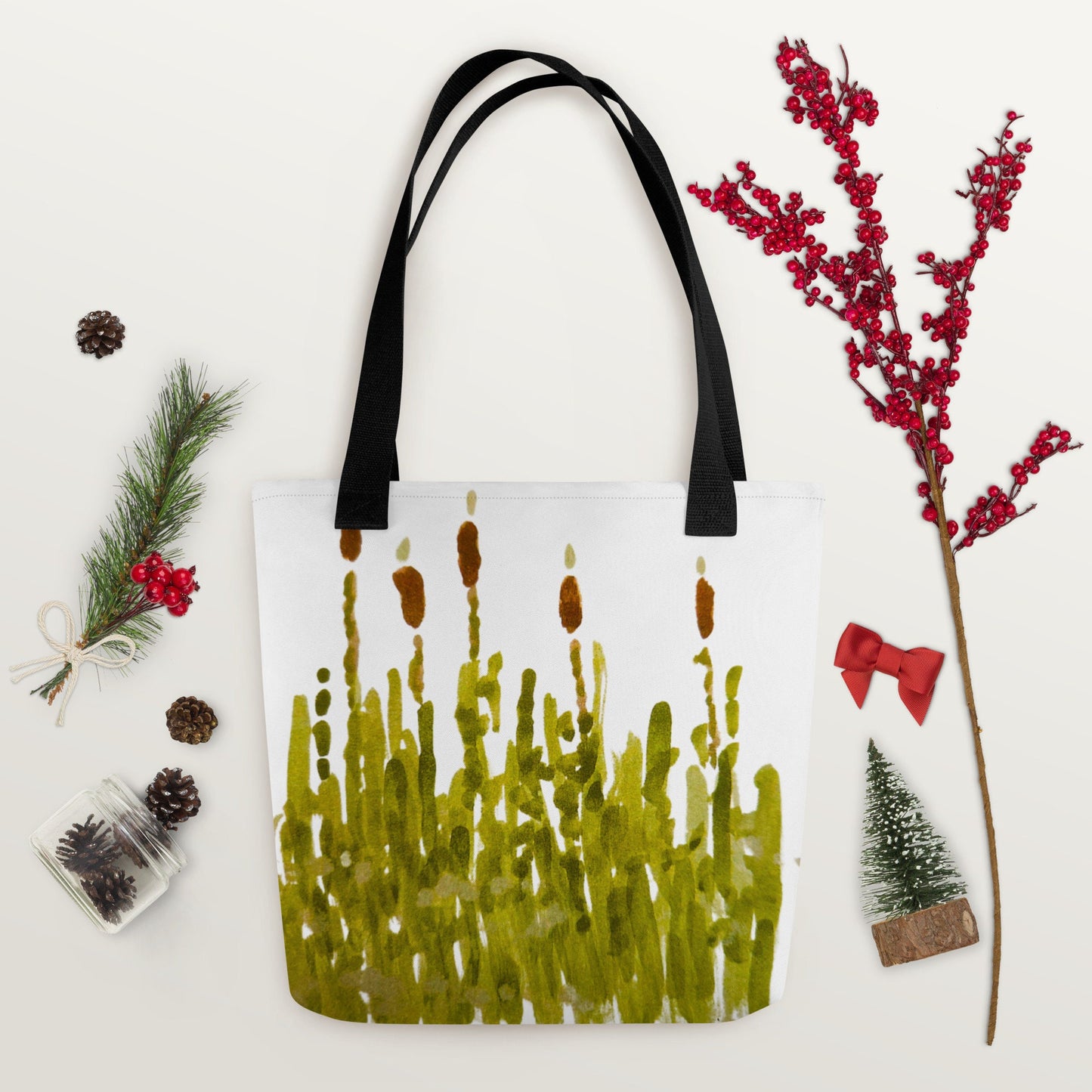 Reusable cattail tote bag,botanical tote bag,daycare bag,farmers market bag,beach tote bag,nurse tote bag,wildflower tote bag,carry all