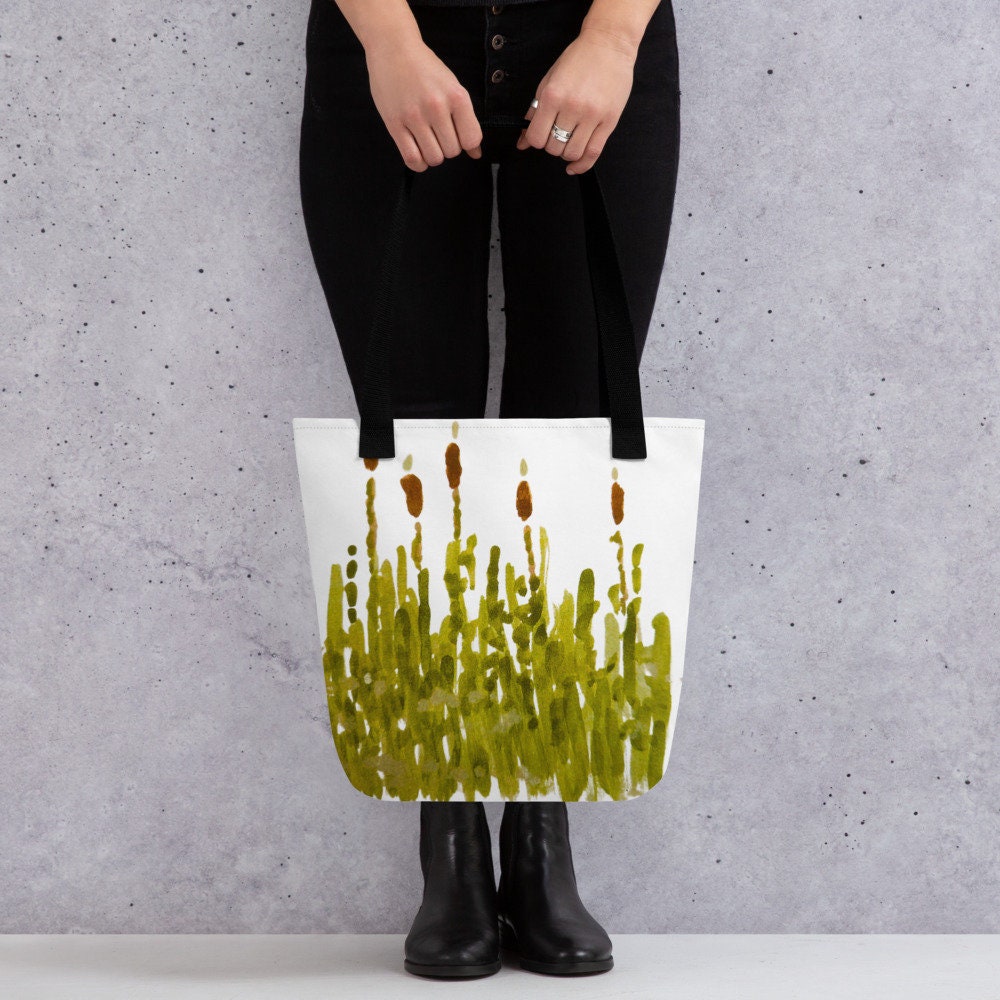 Reusable cattail tote bag,botanical tote bag,daycare bag,farmers market bag,beach tote bag,nurse tote bag,wildflower tote bag,carry all
