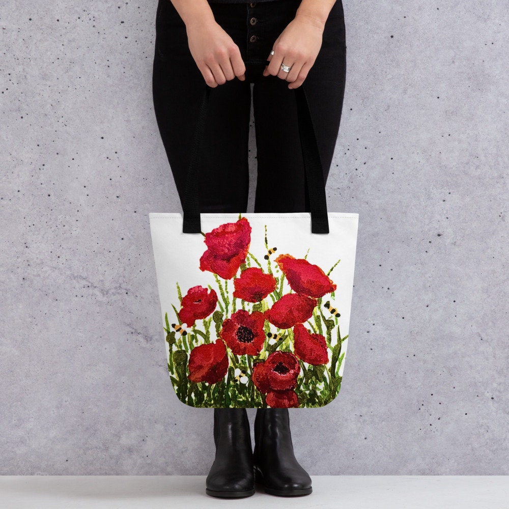 Red poppies reusable tote bag,botanical tote bag,beach tote bag,daycare bag,farmers market bag,nurse tote bag,carry all,durable tote bag