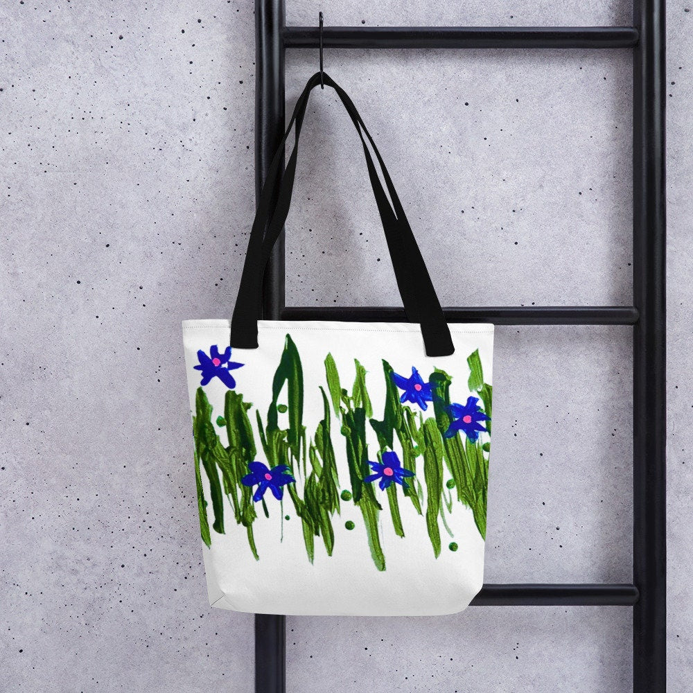 Blue flower reusable tote bag,botanical tote bag,beach tote bag,nurse tote bag,farmers market bag,carry all,daycare bag,wildflower tote bag