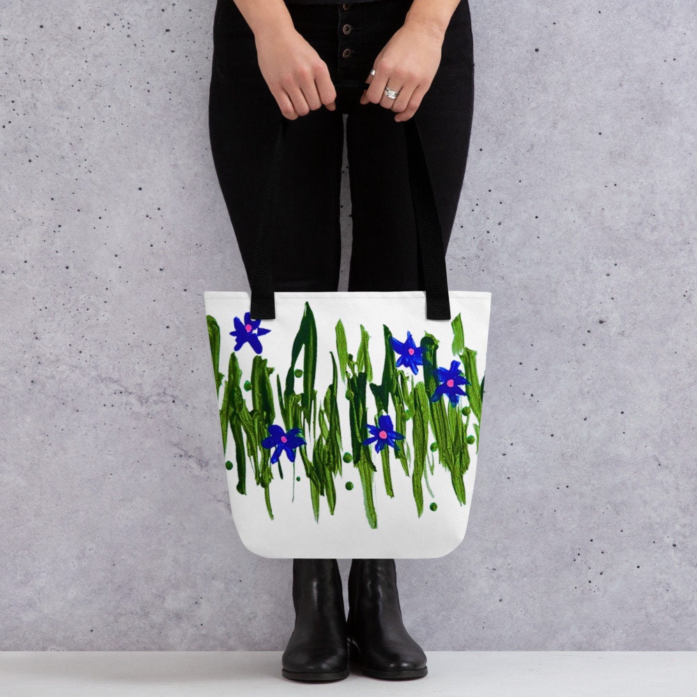 Blue flower reusable tote bag,botanical tote bag,beach tote bag,nurse tote bag,farmers market bag,carry all,daycare bag,wildflower tote bag