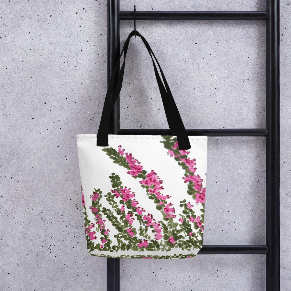 Floral heather tote bag,botanical tote bag,beach tote bag,nurse tote bag,carry all,farmers market bag,wildflower tote,nature lover bag