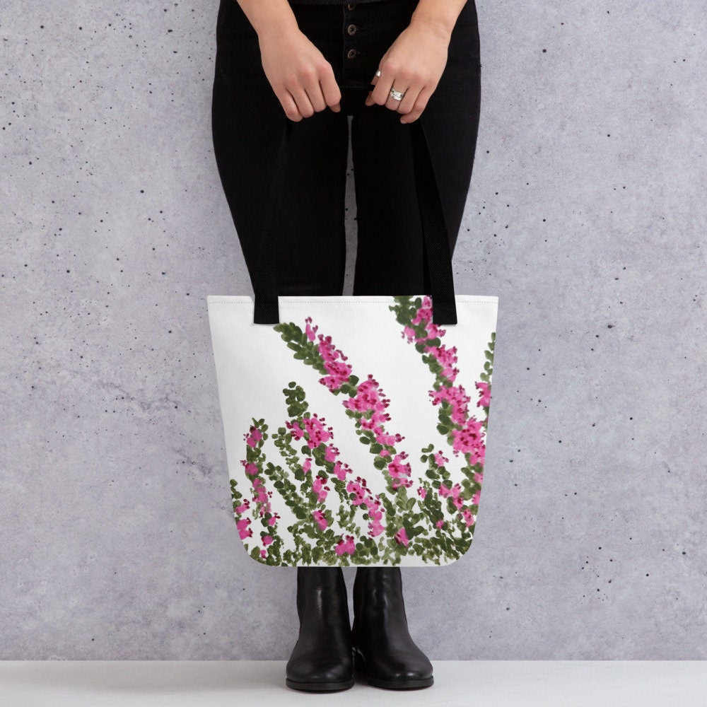 Floral heather tote bag,botanical tote bag,beach tote bag,nurse tote bag,carry all,farmers market bag,wildflower tote,nature lover bag