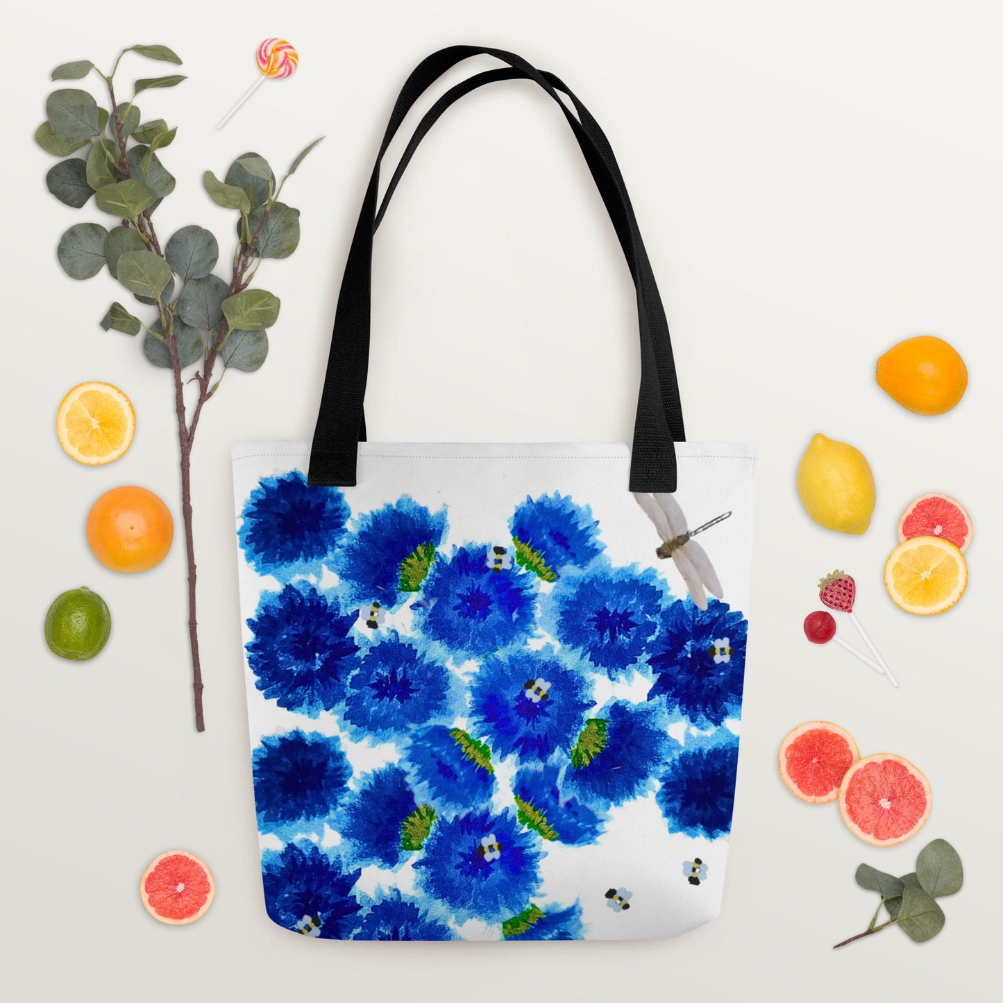 Reusable blue wildflower tote bag,beach tote bag,nurse tote bag,farmers market bag,carry all,dragonfly lover gift,nature lover gift