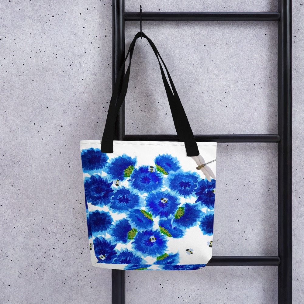 Reusable blue wildflower tote bag,beach tote bag,nurse tote bag,farmers market bag,carry all,dragonfly lover gift,nature lover gift