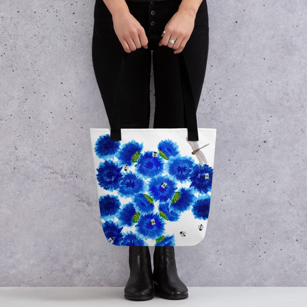 Reusable blue wildflower tote bag,beach tote bag,nurse tote bag,farmers market bag,carry all,dragonfly lover gift,nature lover gift