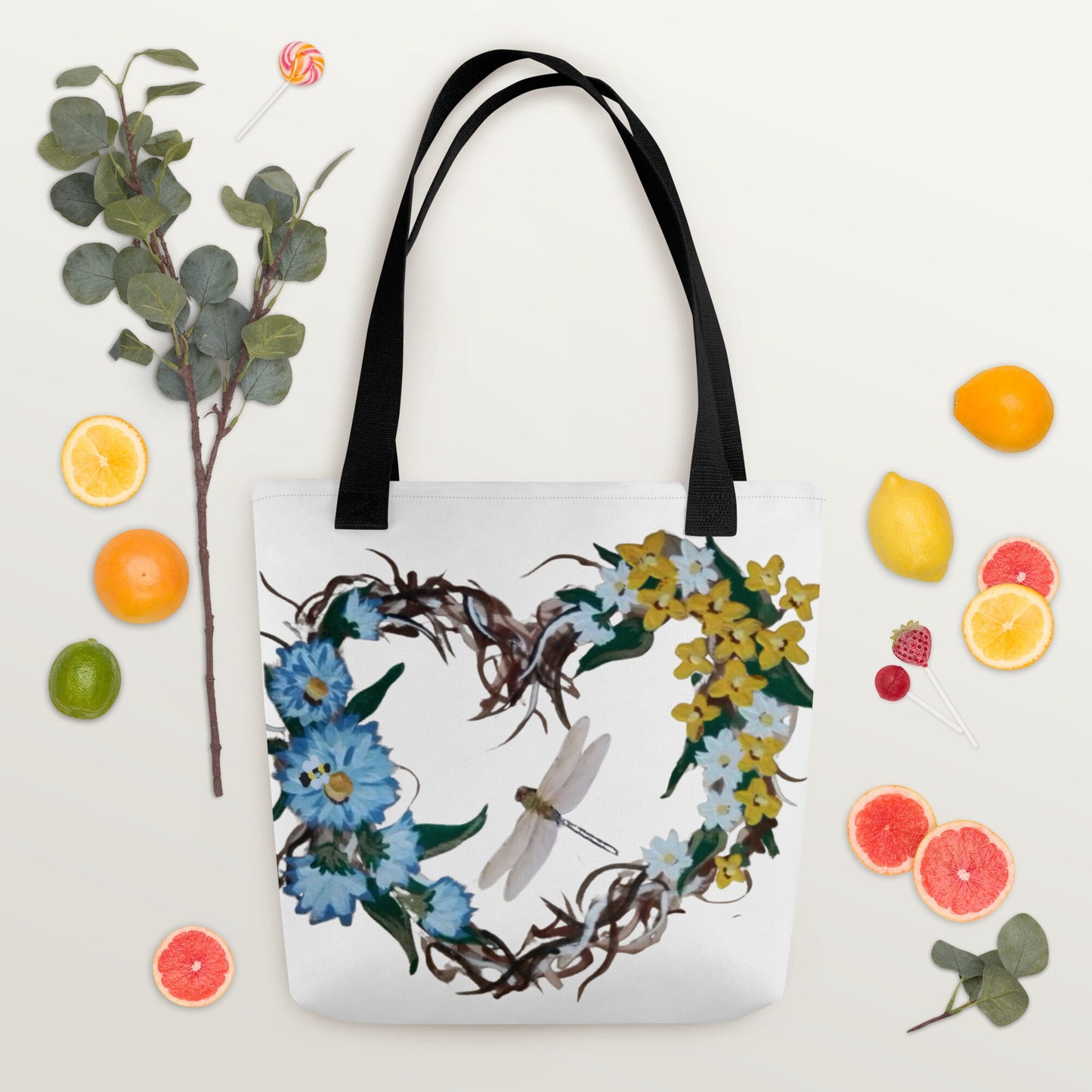 Reusable floral heart wreath tote bag,beach tote bag,nurse tote bag,farmers market bag,carry all,wildflower tote bag,colorful tote bag
