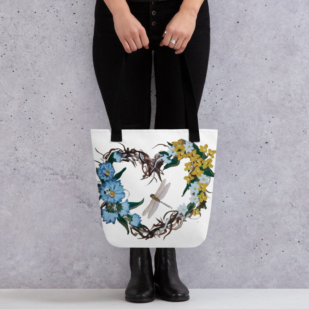 Reusable floral heart wreath tote bag,beach tote bag,nurse tote bag,farmers market bag,carry all,wildflower tote bag,colorful tote bag