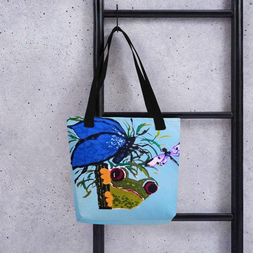 Colorful reusable nature lovers tote bag,beach tote bag,farmers market,carry all,nurse tote bag,butterfly lover gift,frog lover gift