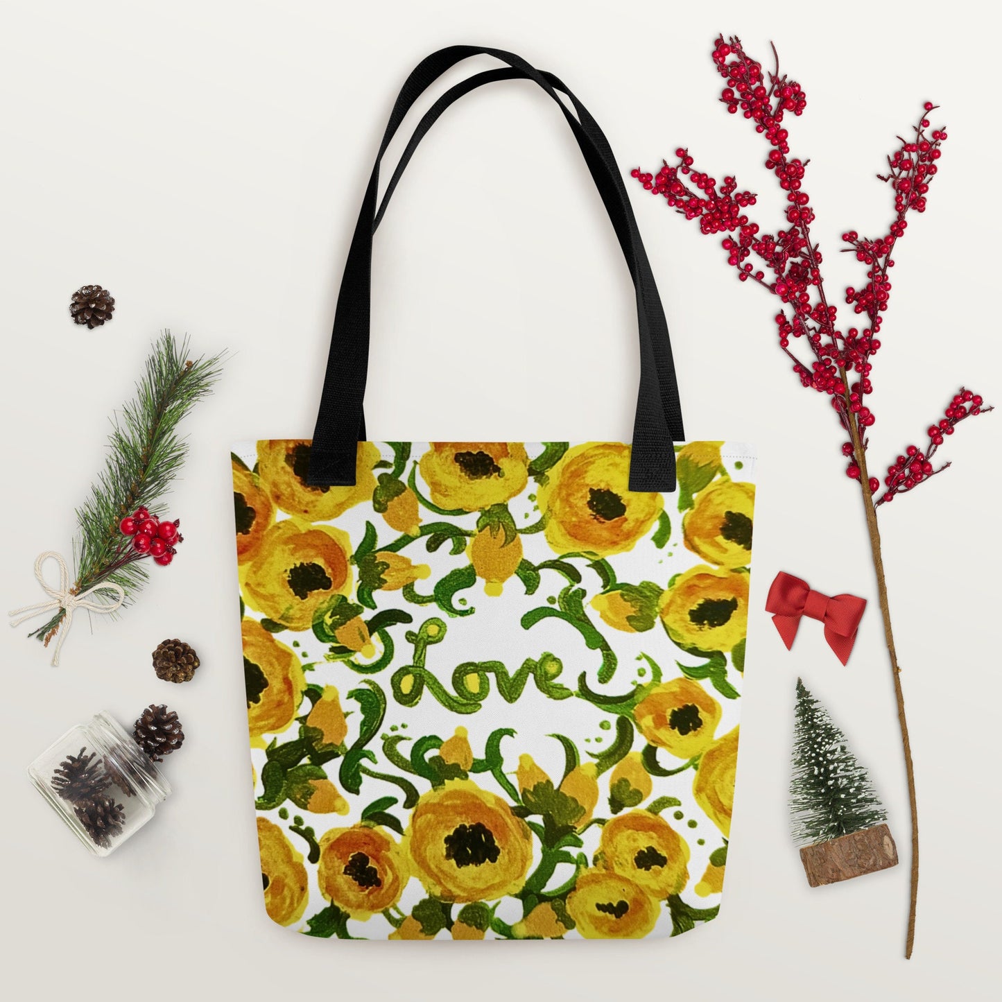 Yellow floral love reusable tote bag,beach tote bag,nurse tote bag,farmers market bag,carry all,wildflower tote bag,nature lover gift