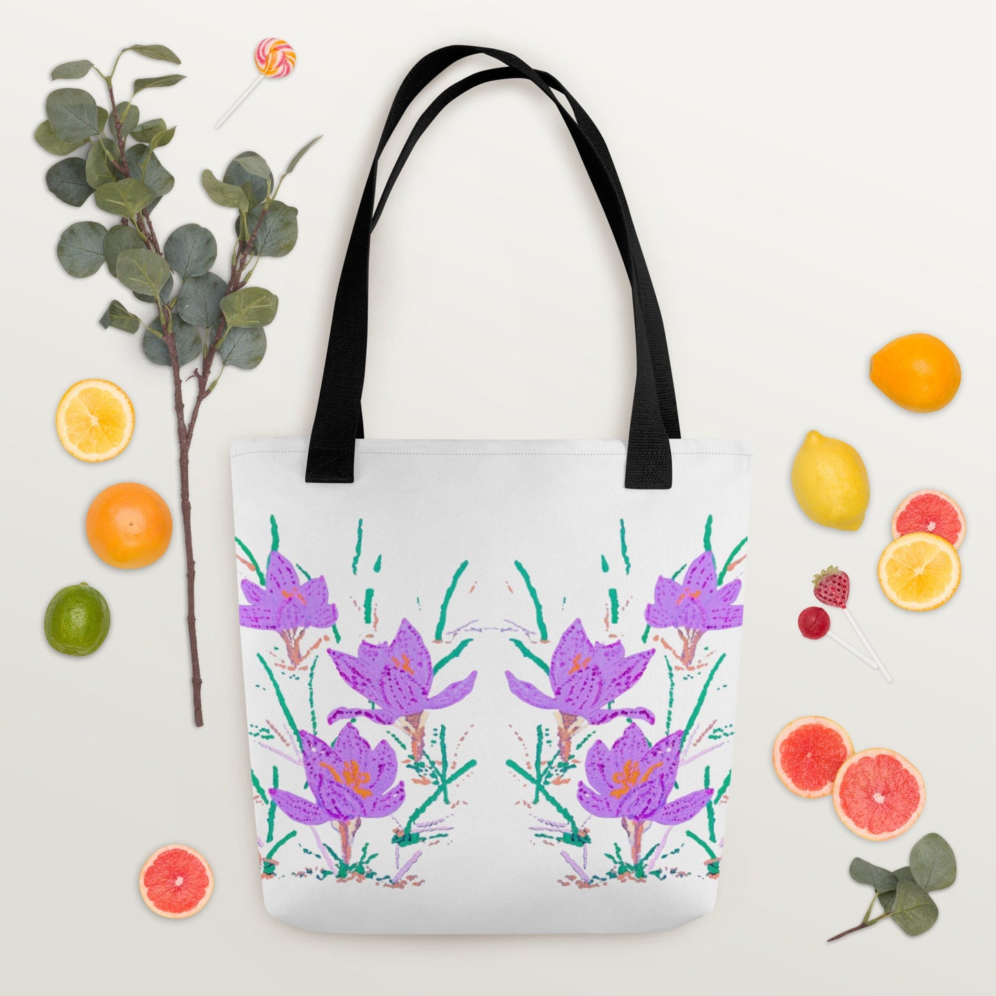 Crocus flower reusable tote bag,beach tote bag,nurse tote bag,carry all,farmers market bag,wildflower tote bag,daycare bag,nature lover gift