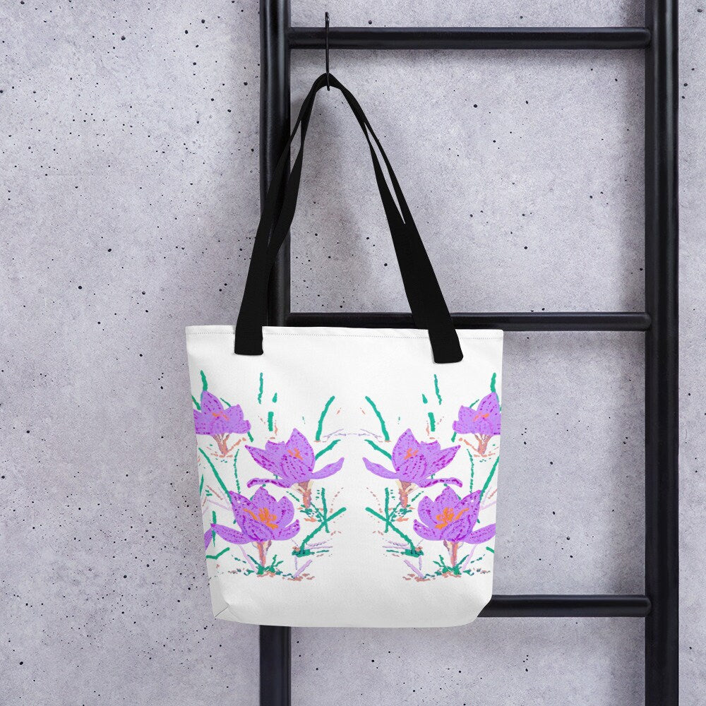 Crocus flower reusable tote bag,beach tote bag,nurse tote bag,carry all,farmers market bag,wildflower tote bag,daycare bag,nature lover gift