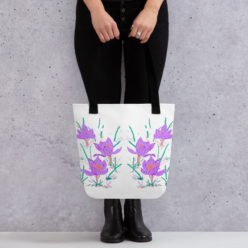 Crocus flower reusable tote bag,beach tote bag,nurse tote bag,carry all,farmers market bag,wildflower tote bag,daycare bag,nature lover gift