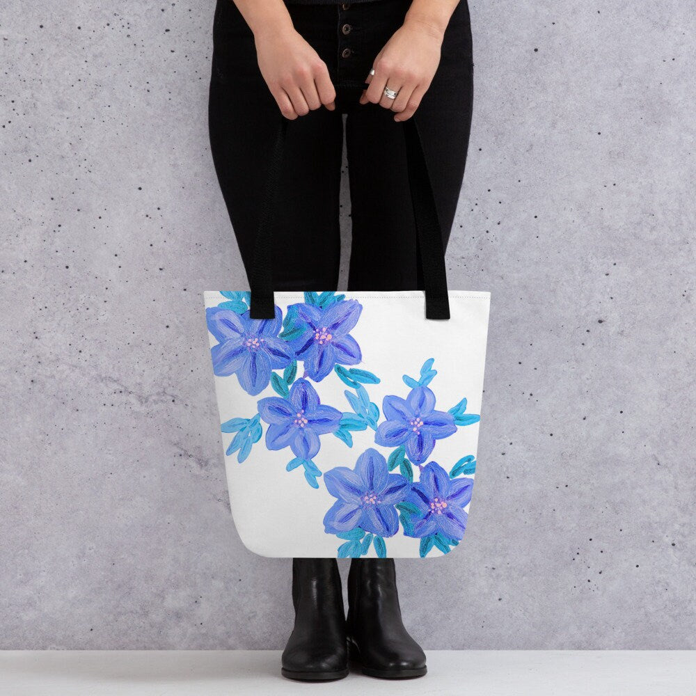 Pastel blue floral tote bag,nurse tote bag,beach tote bag,farmers market bag,carry all,wildflower tote bag,colorful tote,nature lovers tote