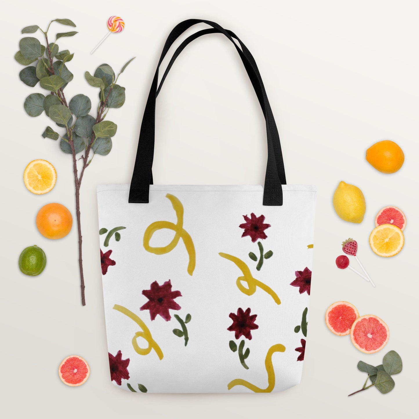 Red and yellow floral print tote bag,beach tote bag,nurse tote bag,farmers market bag,carry all,unique tote bag,minimalist tote bag,work bag