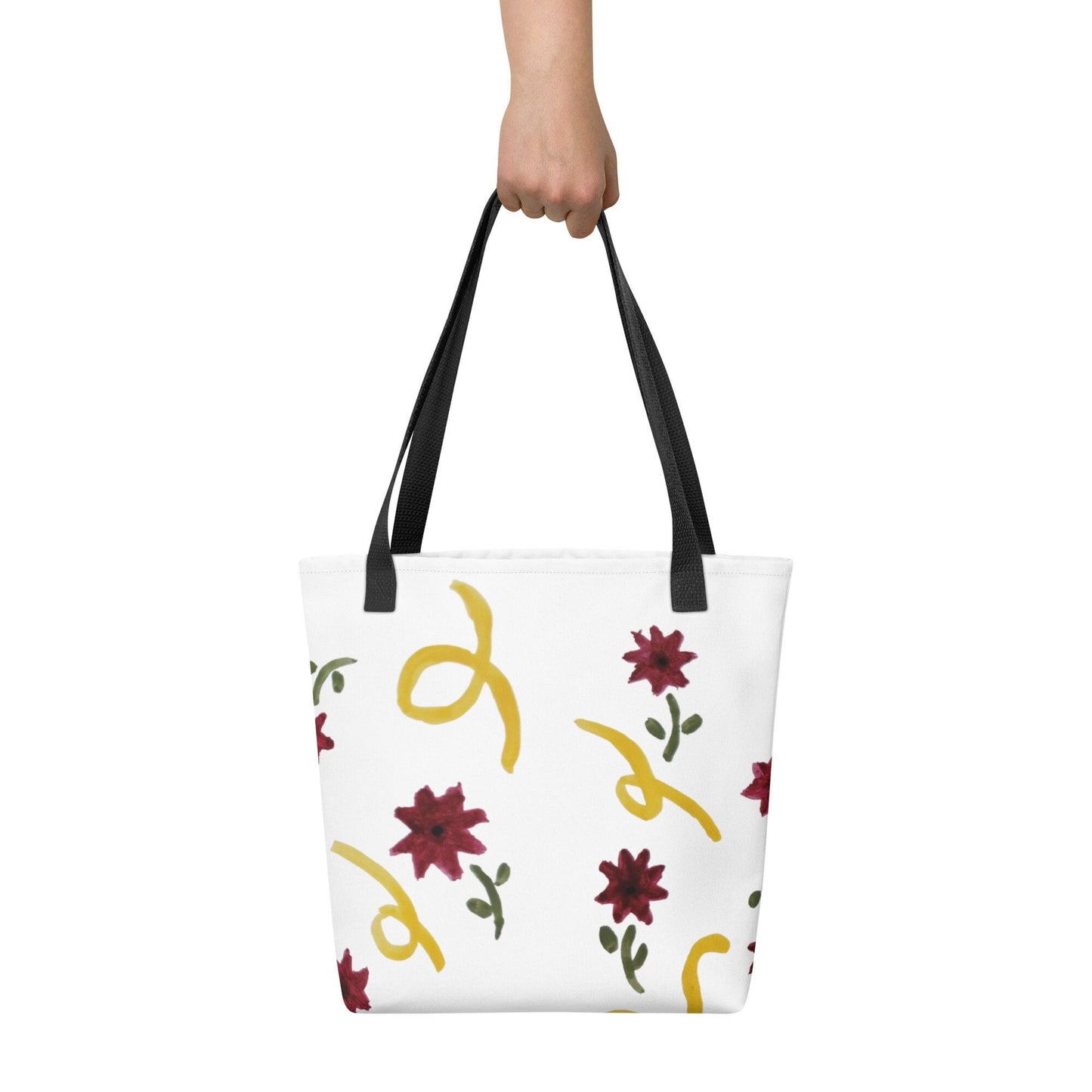 Red and yellow floral print tote bag,beach tote bag,nurse tote bag,farmers market bag,carry all,unique tote bag,minimalist tote bag,work bag