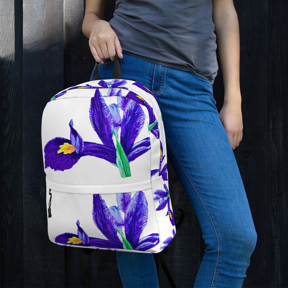 Iris floral backpack,back to school,wildflower backpack,botanical backpack,country backpack,aesthetic diaper bag,hiking backpack