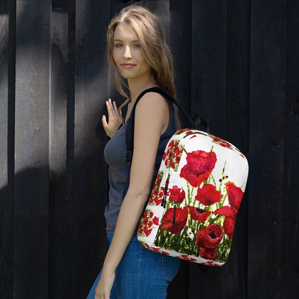 Red poppies backpack,back to school,college backpack,work backpack,hiking backpack,botanical backpack,aesthetic diaper bag,country backpack