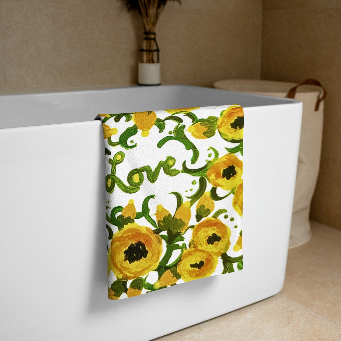 Yellow love beach towel,floral decor,bathroom towel,hanging towel,guest towel,botanical towel,baby towel,gym towel,printed towel,fall towel