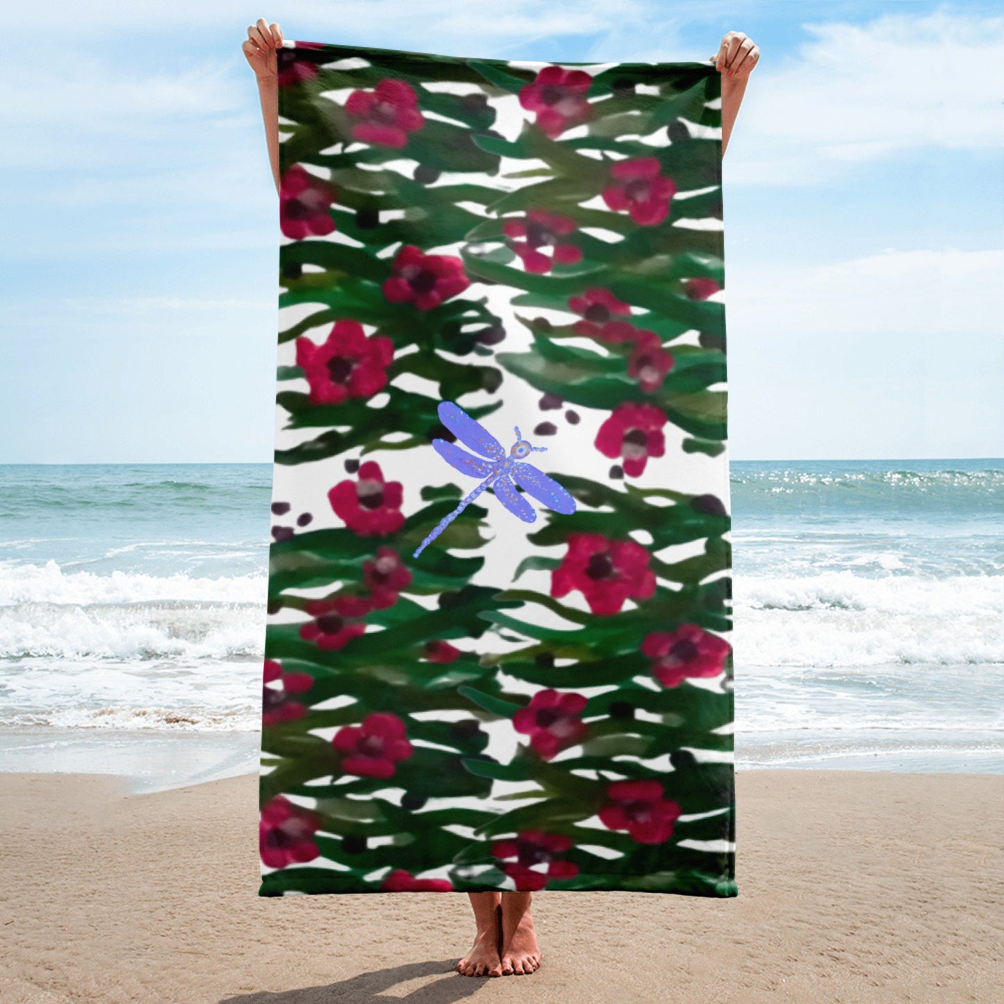Red floral dragonfly beach towels,botanical towels,housewares,floral decor,guest towels,vacation towel,pool towel,bathroom towels