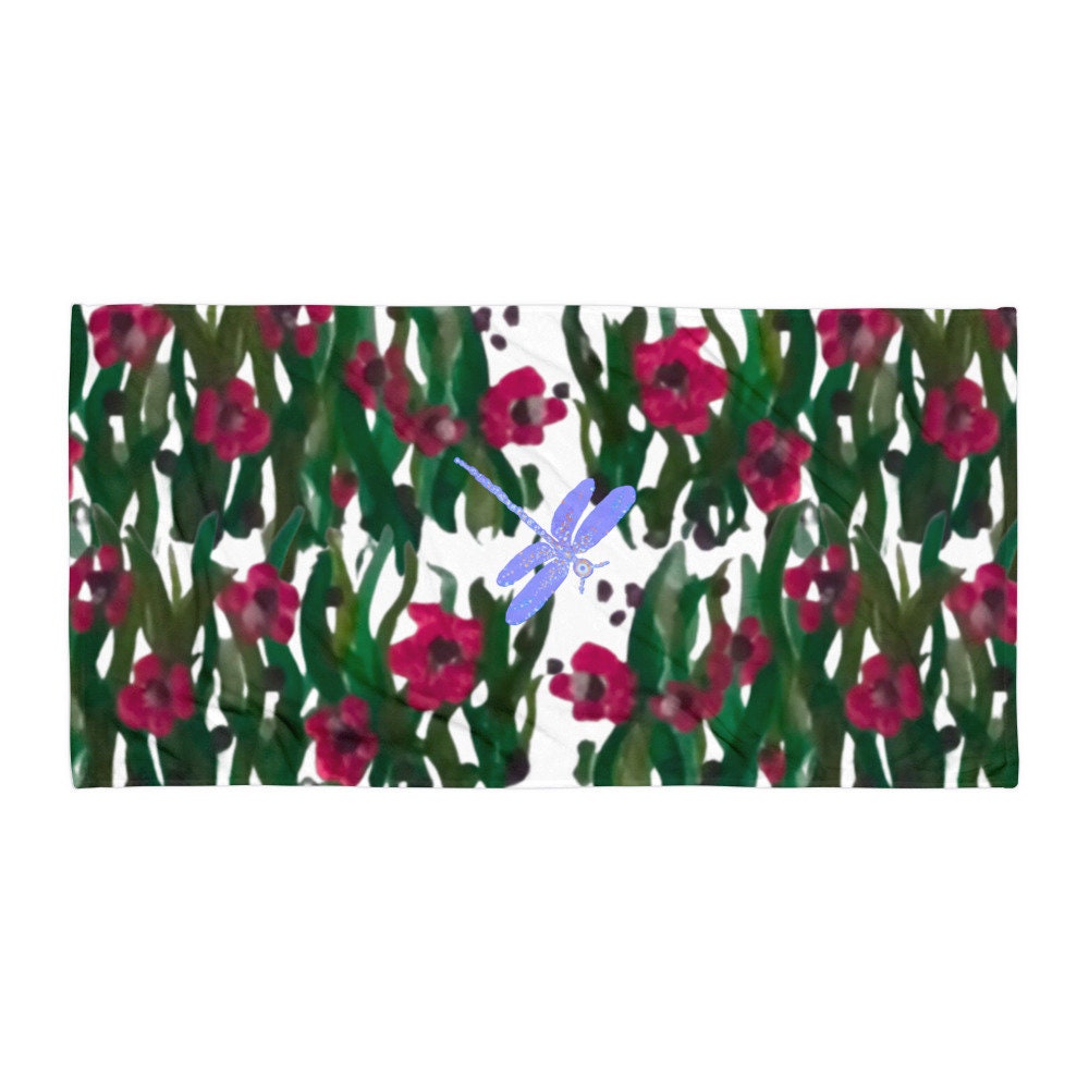 Red floral dragonfly beach towels,botanical towels,housewares,floral decor,guest towels,vacation towel,pool towel,bathroom towels