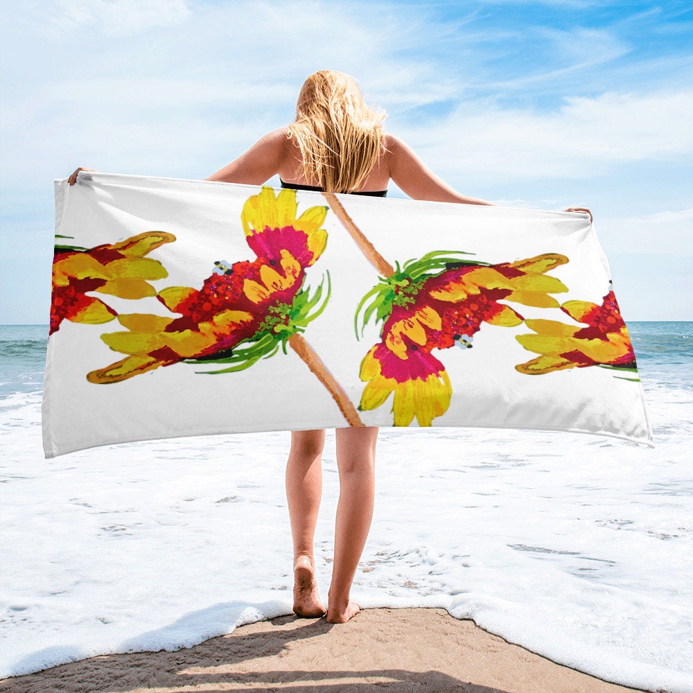Big bright red and yellow floral beach towel,botanical towels,guest towel,housewares,floral decor,vacation towel,pool towel,bathroom towel