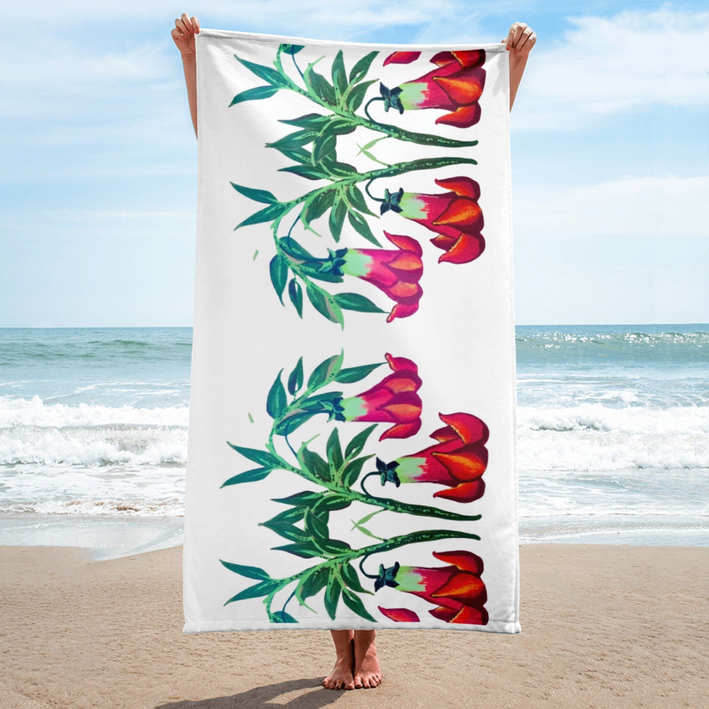 Trumpet floral towel,bath towel,botanical towel,housewares,decor,pool towel,guest towel,beach towels,kids bath towel,gym towel,vintage towel
