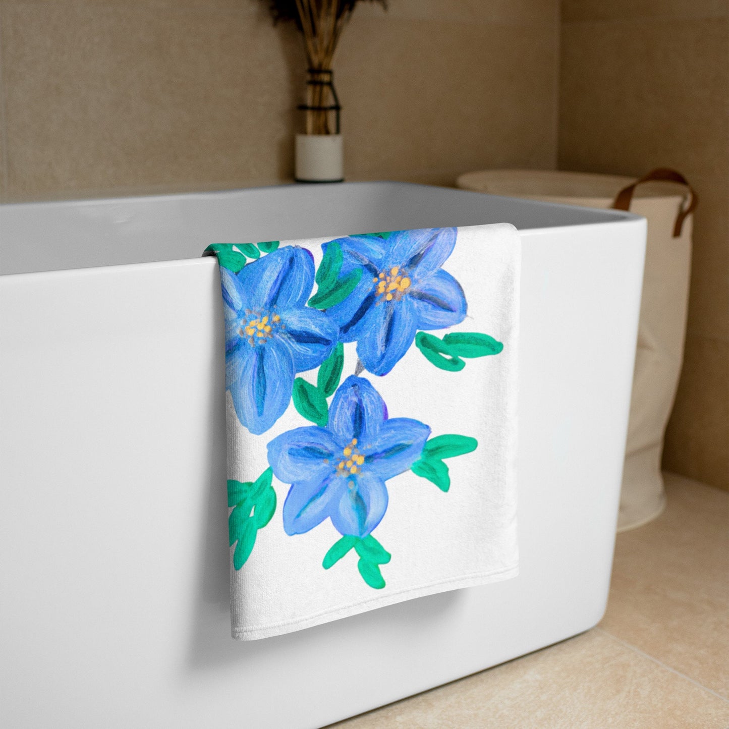 Blue floral towel,fall towels,bath towels,botanical towels,housewares,decor,kids bath towels,beach towels,guest towels,gym towels,pool towel