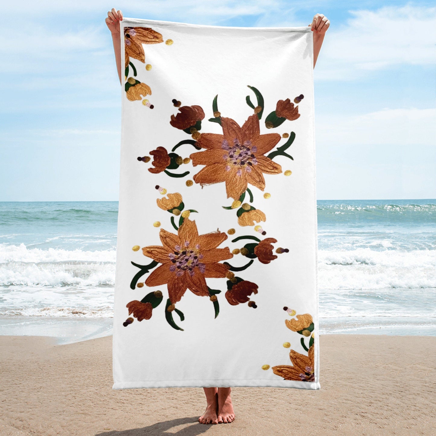 Gold floral towel,fall towels,botanical towels,kids bath towels,housewares,decor,pool towel,beach towels,gym towels,vacation towels