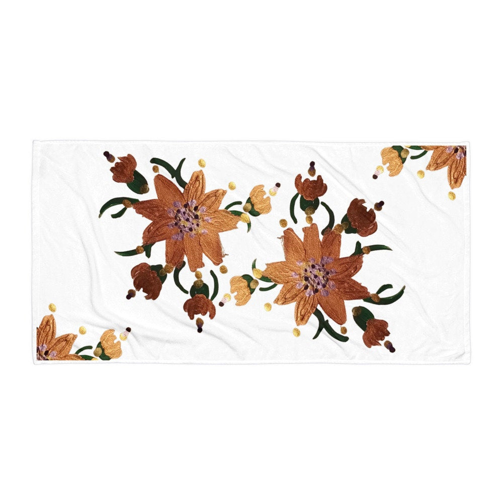 Gold floral towel,fall towels,botanical towels,kids bath towels,housewares,decor,pool towel,beach towels,gym towels,vacation towels