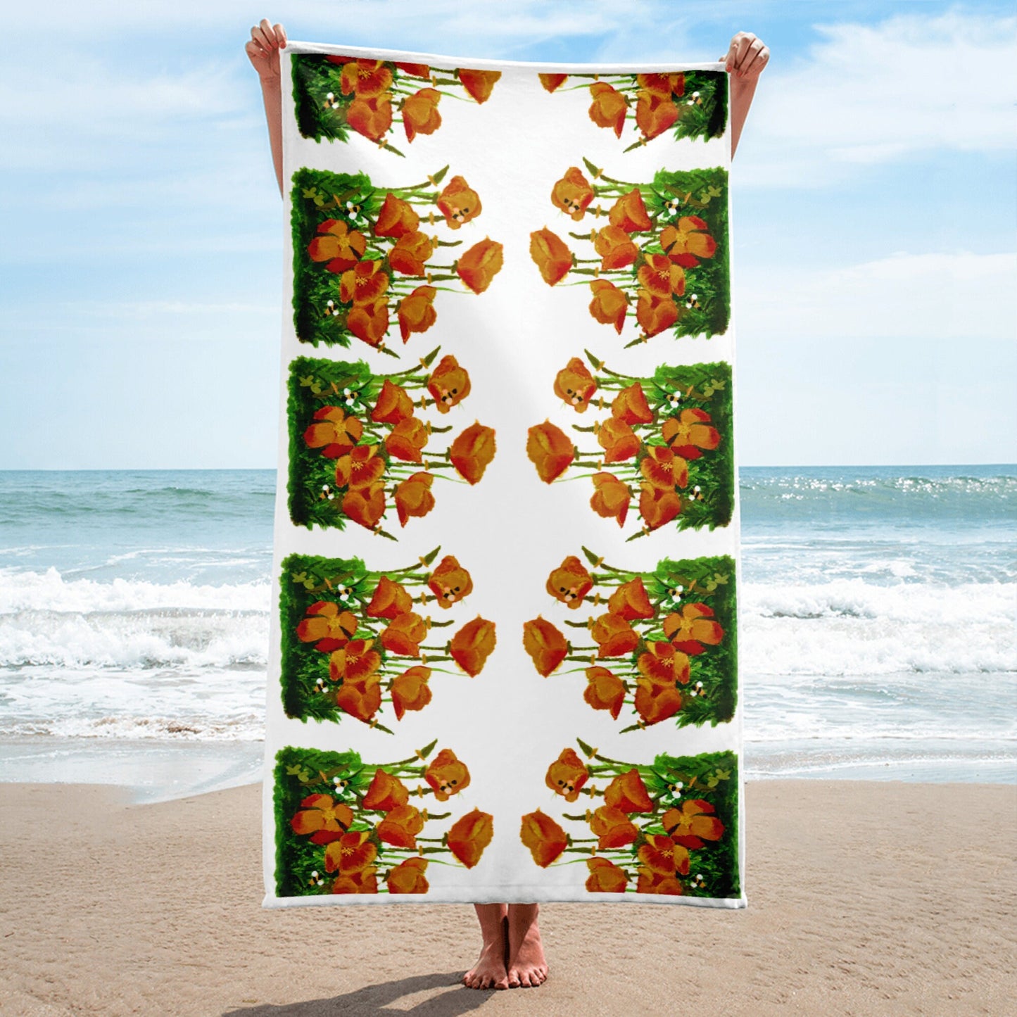California poppies floral bath towel,botanical towel,housewares,decor,beach towels,kids bath towels,guest towels,gym towels,nature lovers