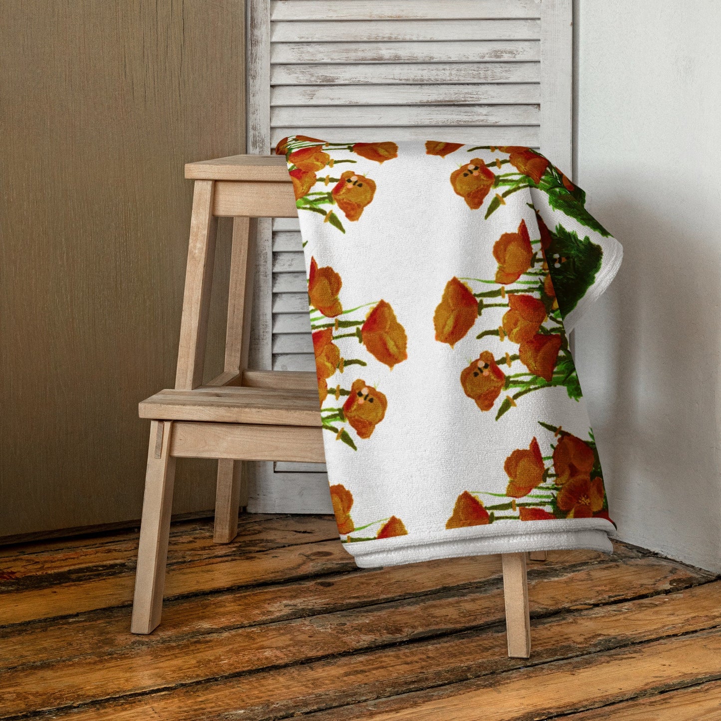 California poppies floral bath towel,botanical towel,housewares,decor,beach towels,kids bath towels,guest towels,gym towels,nature lovers