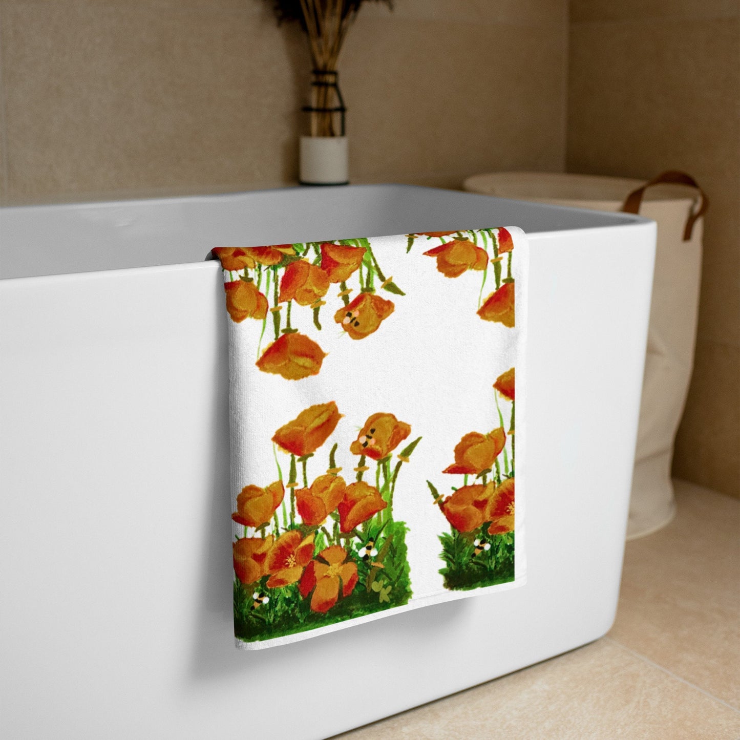 California poppies floral bath towel,botanical towel,housewares,decor,beach towels,kids bath towels,guest towels,gym towels,nature lovers