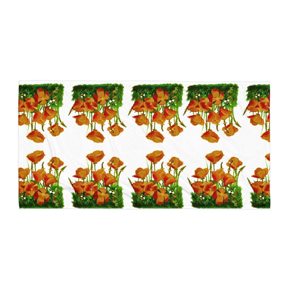 California poppies floral bath towel,botanical towel,housewares,decor,beach towels,kids bath towels,guest towels,gym towels,nature lovers