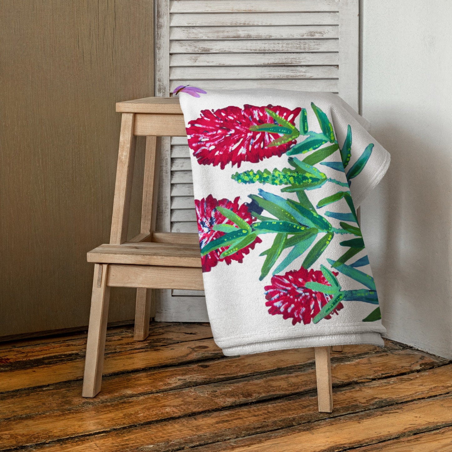 Weeping bottle brush floral bath towel,fall towel,beach towels,housewares,decor,botanical towels,guest towels,kids bath towels,gym towels