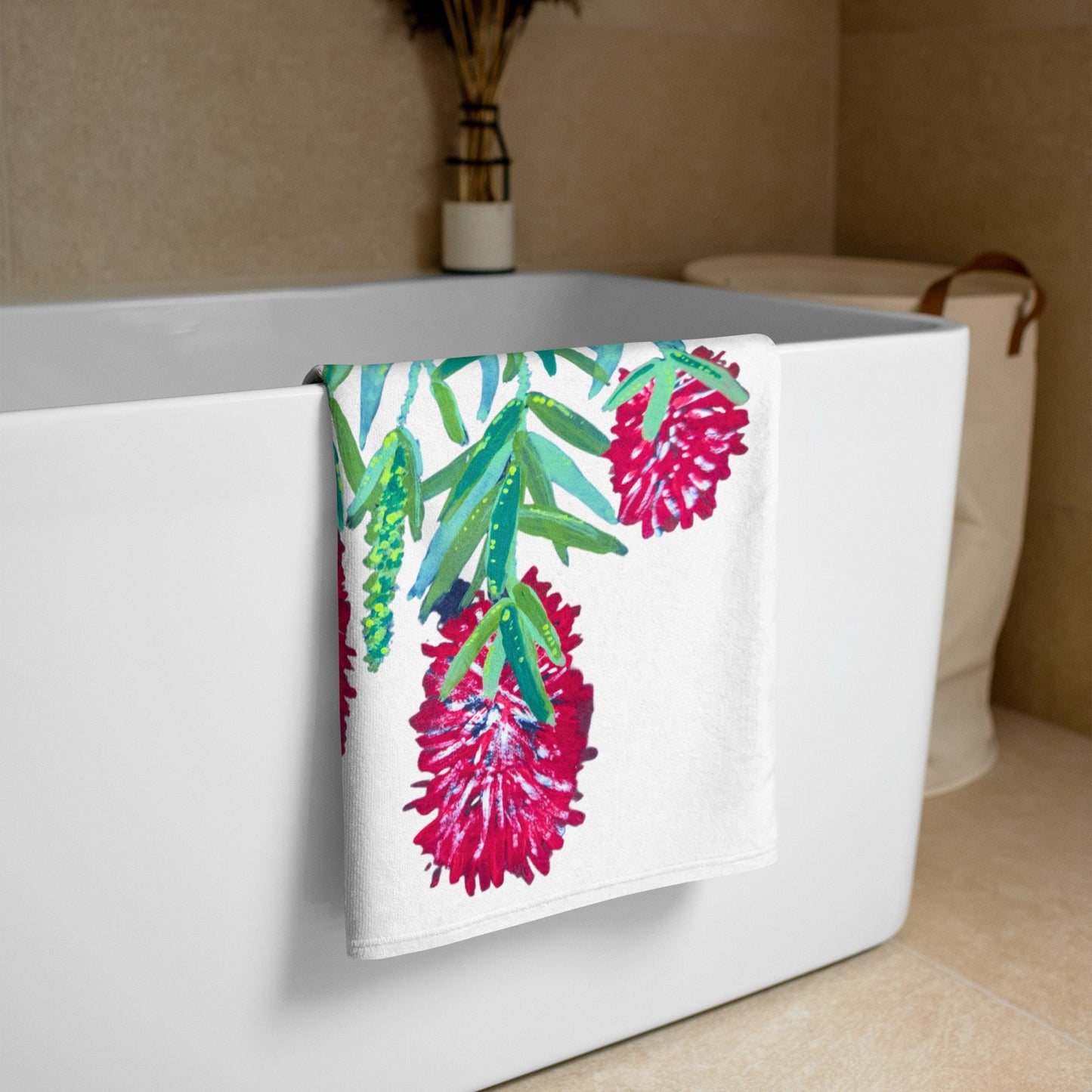 Weeping bottle brush floral bath towel,fall towel,beach towels,housewares,decor,botanical towels,guest towels,kids bath towels,gym towels