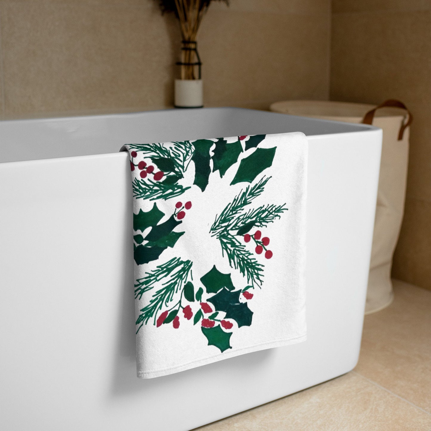 Christmas Holly Towel,fall towels,housewares,decor,holiday decor,beach towels,kids bath towels,guest towels,botanical towels,christmas towel