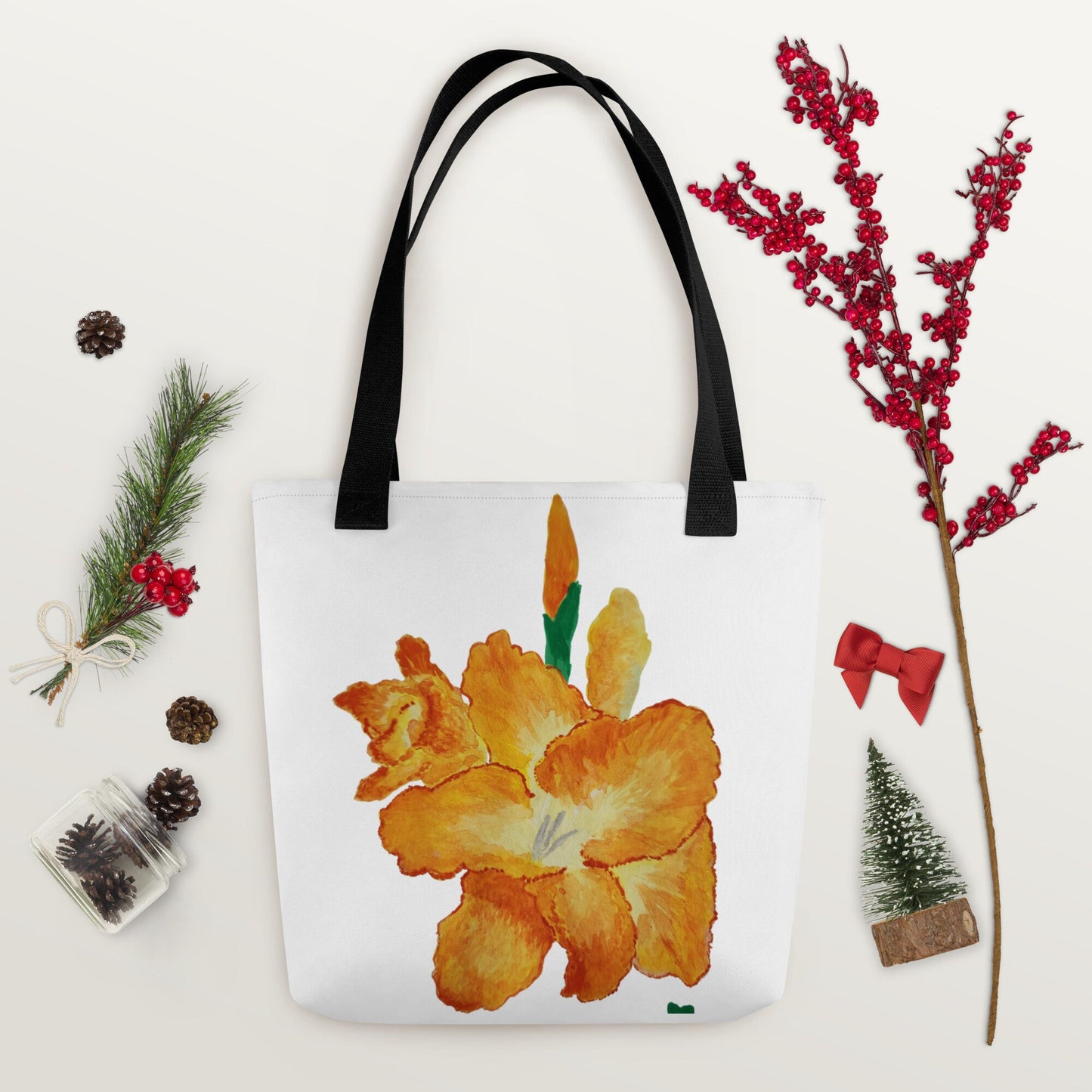 Gold flower tote bag,gladiolus flower,botanical tote bag,reusable tote bag,daycare bag,farmers market bag,unisex tote,bridal party bag