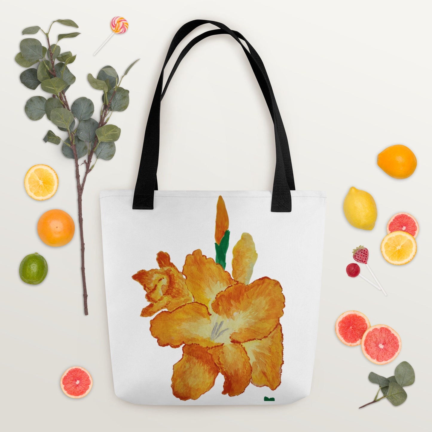 Gold flower tote bag,gladiolus flower,botanical tote bag,reusable tote bag,daycare bag,farmers market bag,unisex tote,bridal party bag