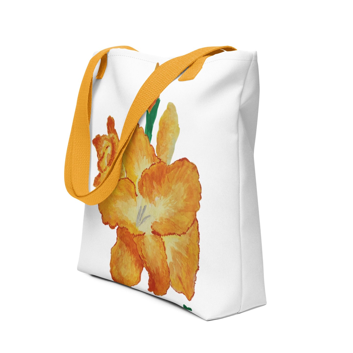 Gold flower tote bag,gladiolus flower,botanical tote bag,reusable tote bag,daycare bag,farmers market bag,unisex tote,bridal party bag