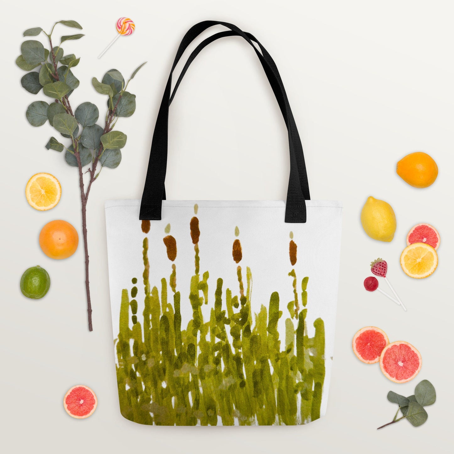 Reusable cattail tote bag,botanical tote bag,daycare bag,farmers market bag,beach tote bag,nurse tote bag,wildflower tote bag,carry all