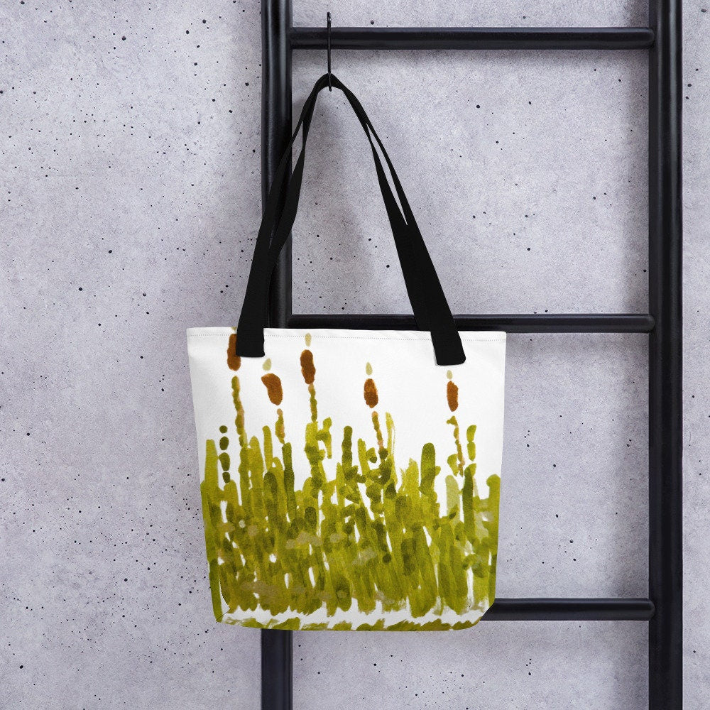 Reusable cattail tote bag,botanical tote bag,daycare bag,farmers market bag,beach tote bag,nurse tote bag,wildflower tote bag,carry all