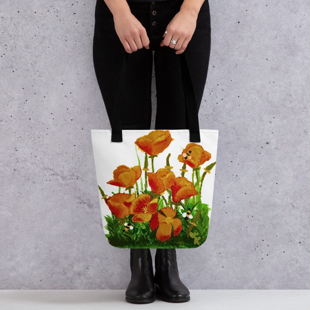 California poppies reusable tote bag,botanical tote bag,beach tote bag,nurse tote bag,daycare bag,farmers market bag,carry all,durable tote