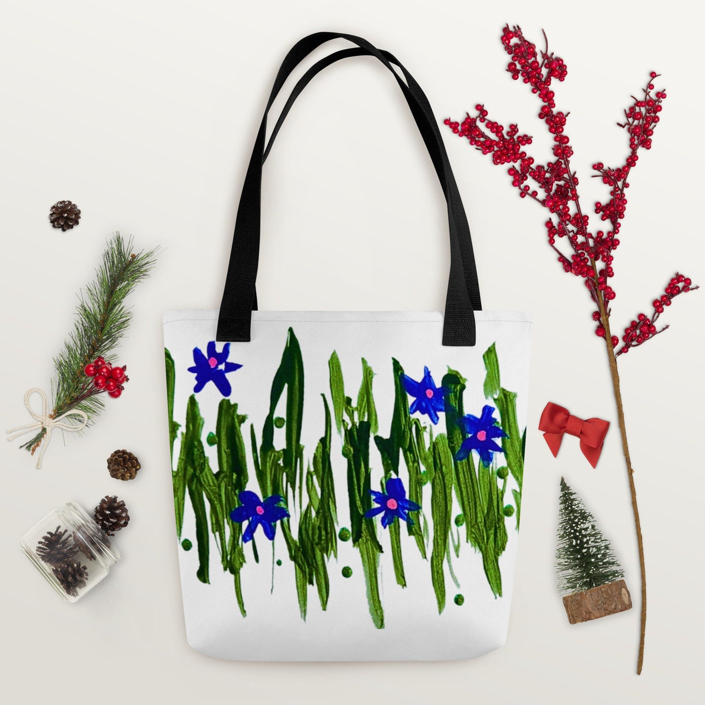 Blue flower reusable tote bag,botanical tote bag,beach tote bag,nurse tote bag,farmers market bag,carry all,daycare bag,wildflower tote bag