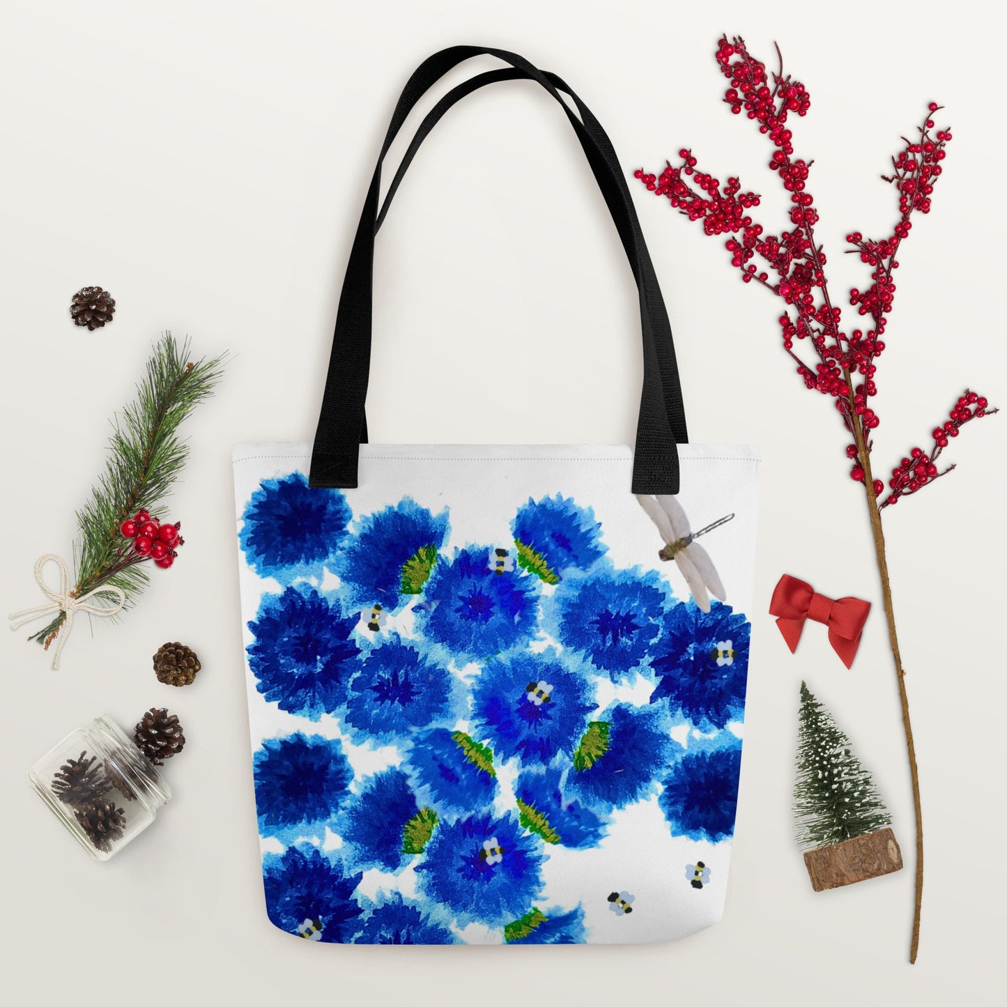 Reusable blue wildflower tote bag,beach tote bag,nurse tote bag,farmers market bag,carry all,dragonfly lover gift,nature lover gift