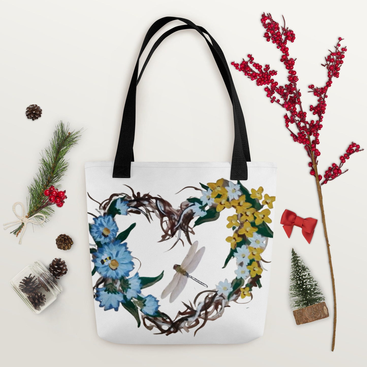 Reusable floral heart wreath tote bag,beach tote bag,nurse tote bag,farmers market bag,carry all,wildflower tote bag,colorful tote bag