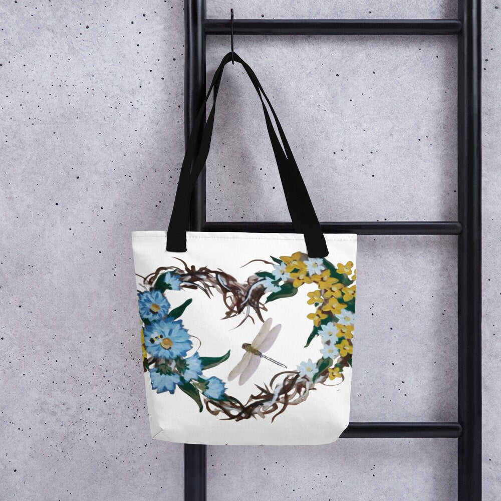 Reusable floral heart wreath tote bag,beach tote bag,nurse tote bag,farmers market bag,carry all,wildflower tote bag,colorful tote bag