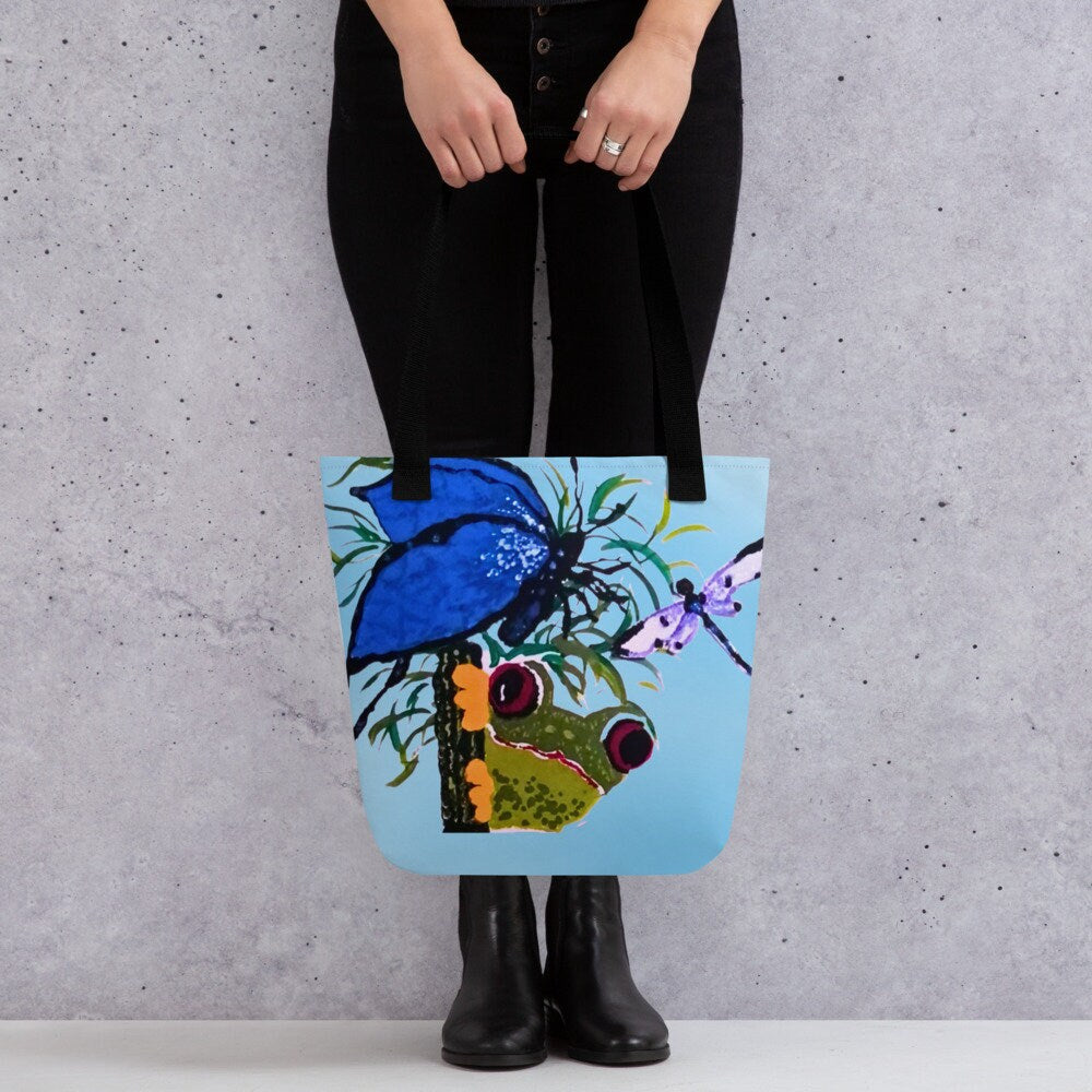 Colorful reusable nature lovers tote bag,beach tote bag,farmers market,carry all,nurse tote bag,butterfly lover gift,frog lover gift
