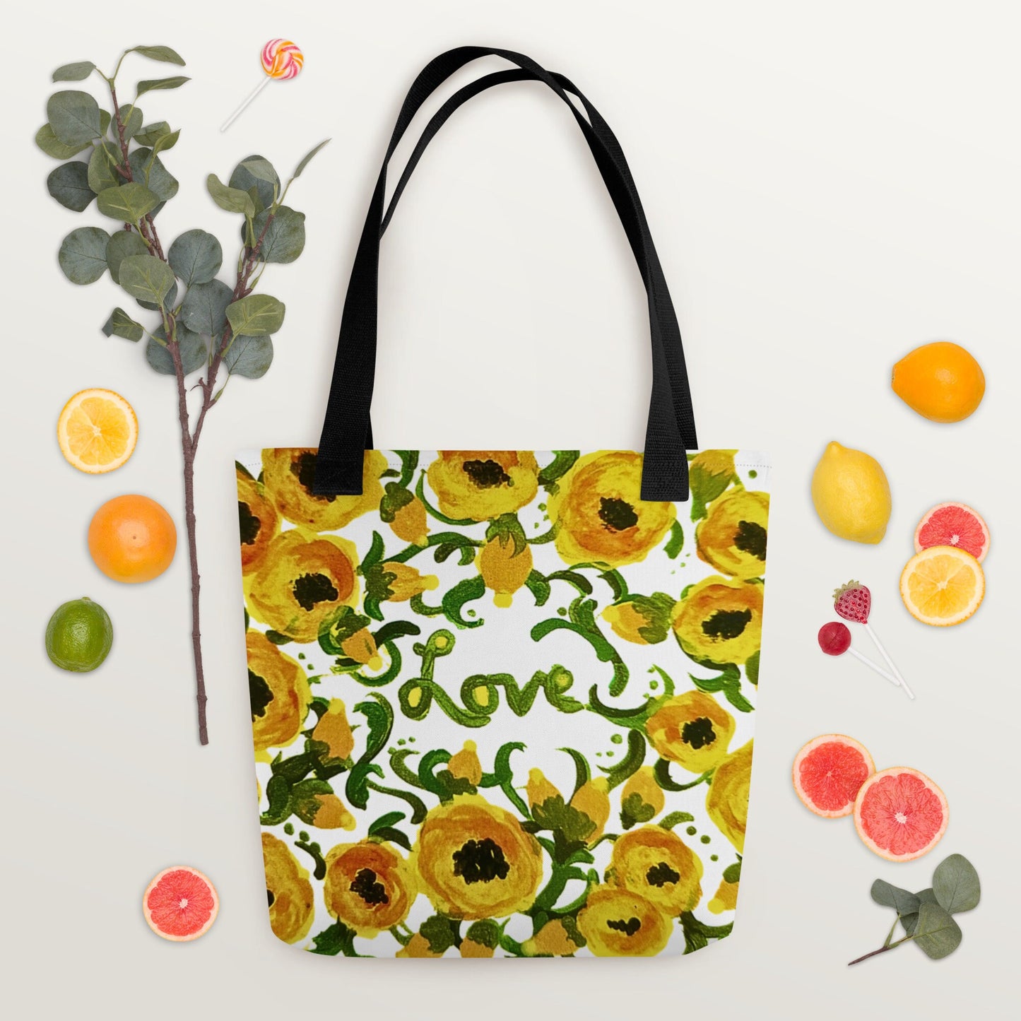 Yellow floral love reusable tote bag,beach tote bag,nurse tote bag,farmers market bag,carry all,wildflower tote bag,nature lover gift