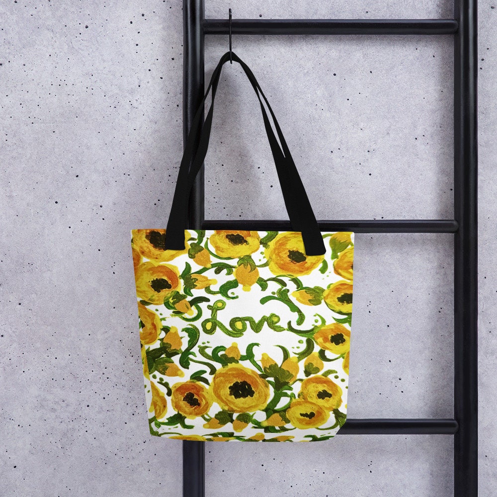 Yellow floral love reusable tote bag,beach tote bag,nurse tote bag,farmers market bag,carry all,wildflower tote bag,nature lover gift